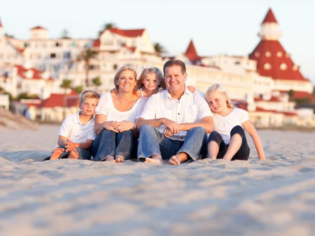 Happy Family in Front of Hotel Del Coronado on a Sunny Afternoon.